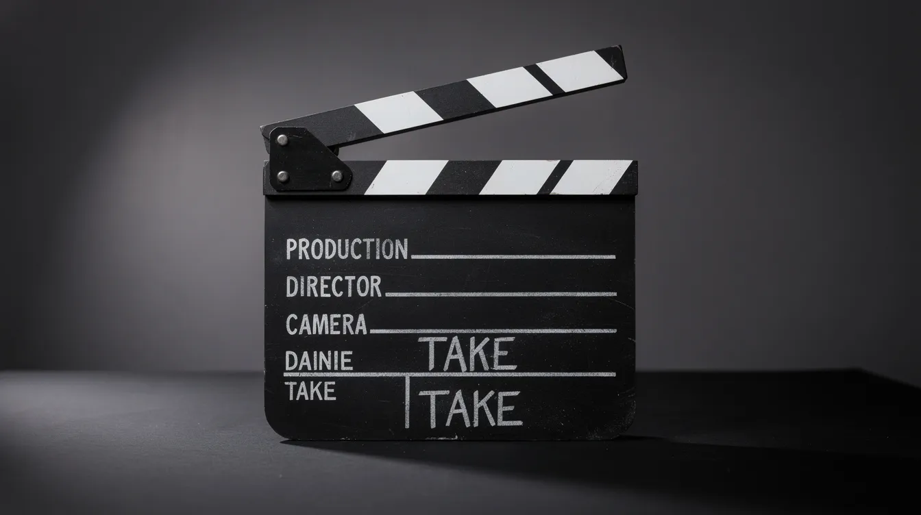 Das Bild zeigt eine Filmklappe mit der Aufschrift "Take 3", die während einer Filmproduktion verwendet wird. Im Hintergrund sind Crewmitglieder und die Kamera zu sehen, die bereit sind, eine Szene in einem kontinuierlichen Shot zu filmen.