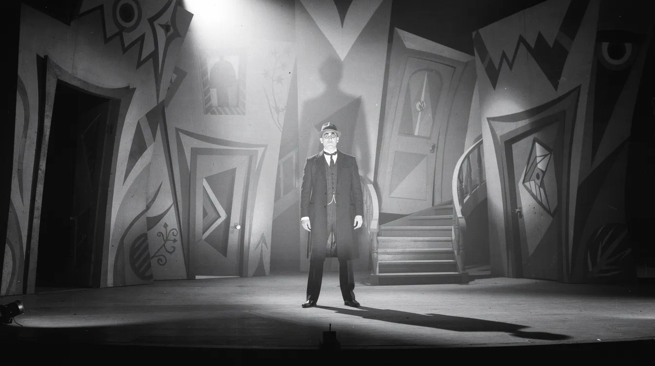 Die Schwarz-Weiß-Filmszene aus der Stummfilmära zeigt ein expressionistisches Bühnenbild mit verzerrten Schatten und dramatischer Beleuchtung, das die emotionale Tiefe der Handlung unterstreicht und einen Einblick in die filmhistorische Entwicklung dieser Zeit gibt. Die verzerrten Formen und die starke Licht- und Schattenwirkung schaffen eine eindringliche Atmosphäre, die die Zuschauer in die Vergangenheit des Kinos entführt.