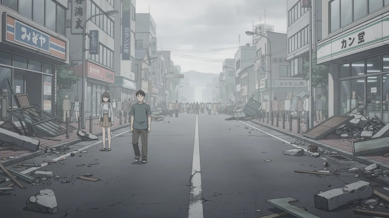 Die Bildbeschreibung zeigt eine leere japanische Straße im Anime-Stil, umgeben von Trümmern und einer gleichgültigen Menschenmenge im Hintergrund. Die gedämpften Farben verleihen der Szene eine melancholische Stimmung, die an die Themen aus „Die letzten Glühwürmchen“ erinnert.