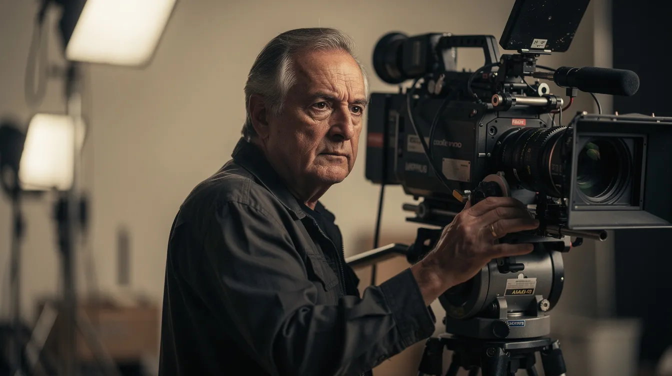 Ein älterer Filmregisseur steht nachdenklich hinter einer Filmkamera am Set, umgeben von gedämpftem Licht, das seine Konzentration unterstreicht. Seine Mimik spiegelt die Ernsthaftigkeit und Leidenschaft wider, die er für das dramatische Genre, ähnlich wie in "Million Dollar Baby", empfindet.