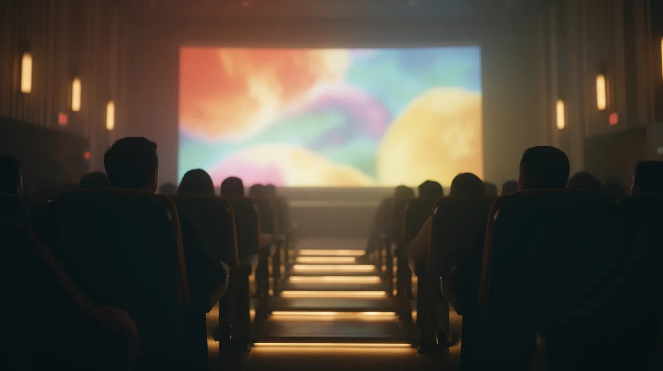 Der Blick in einen Kinosaal aus der letzten Reihe zeigt eine leuchtende Leinwand mit einem farbenprächtigen Filmbild, während die Silhouetten der Zuschauer im warmen Raumlicht zu sehen sind. Diese Szene vermittelt das besondere Gefühl eines Filmabends, ideal für Filmfans und Liebhaber von Komödien und Klassikern.