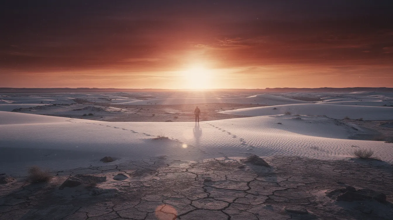 Die weite, staubige Wüstenlandschaft zeigt eine einsame Silhouette am Horizont, beleuchtet von dramatischem Abendlicht, das an die Atmosphäre klassischer Italo-Western-Filme erinnert. Diese Szene könnte direkt aus einem Sergio Leone Film stammen, begleitet von der unvergesslichen Musik eines Morricone-Soundtracks.