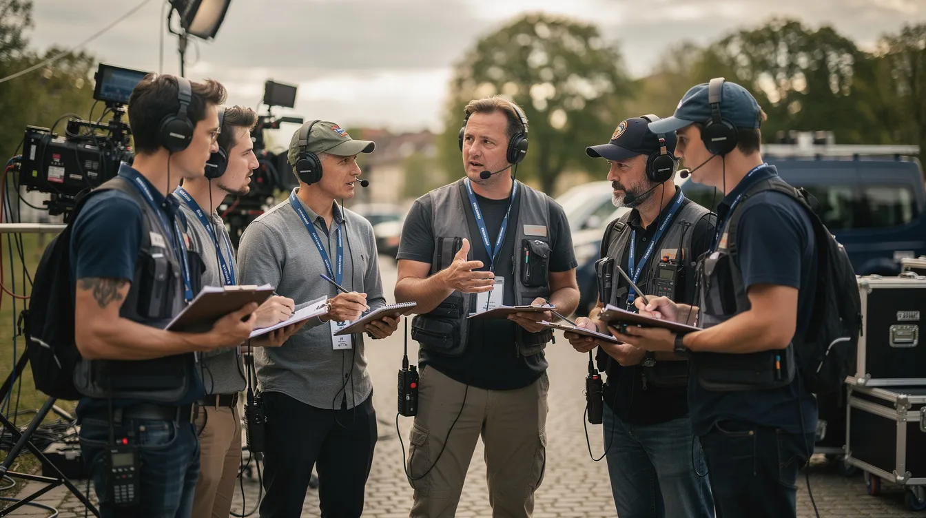 Eine Filmcrew steht in einem Kreis auf einem Außenset und diskutiert vor Drehbeginn, während sie Notizbücher und Funkgeräte in den Händen halten. In der Gruppe sind verschiedene Mitglieder, darunter der Best Boy und der Gaffer, die ihre Verantwortlichkeiten und die Planung für den Dreh besprechen.