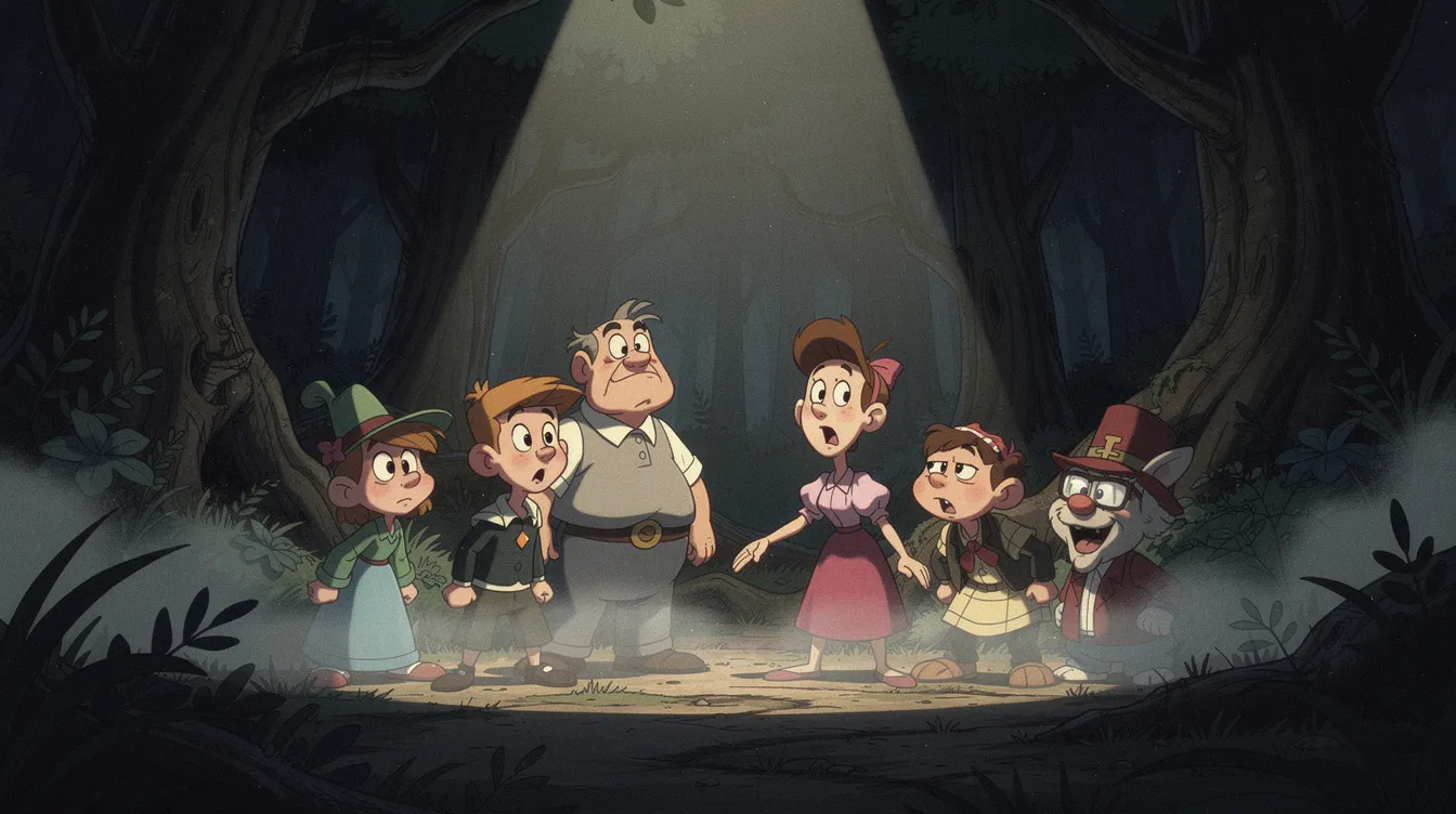 In einem dunklen Wald sind animierte Figuren zu sehen, die dramatisch von einer einzigen Lichtquelle beleuchtet werden. Diese Darstellung erinnert an klassische Zeichentrickfilme und stellt eine Hommage an das künstlerische Werk vergangener Zeiten dar.