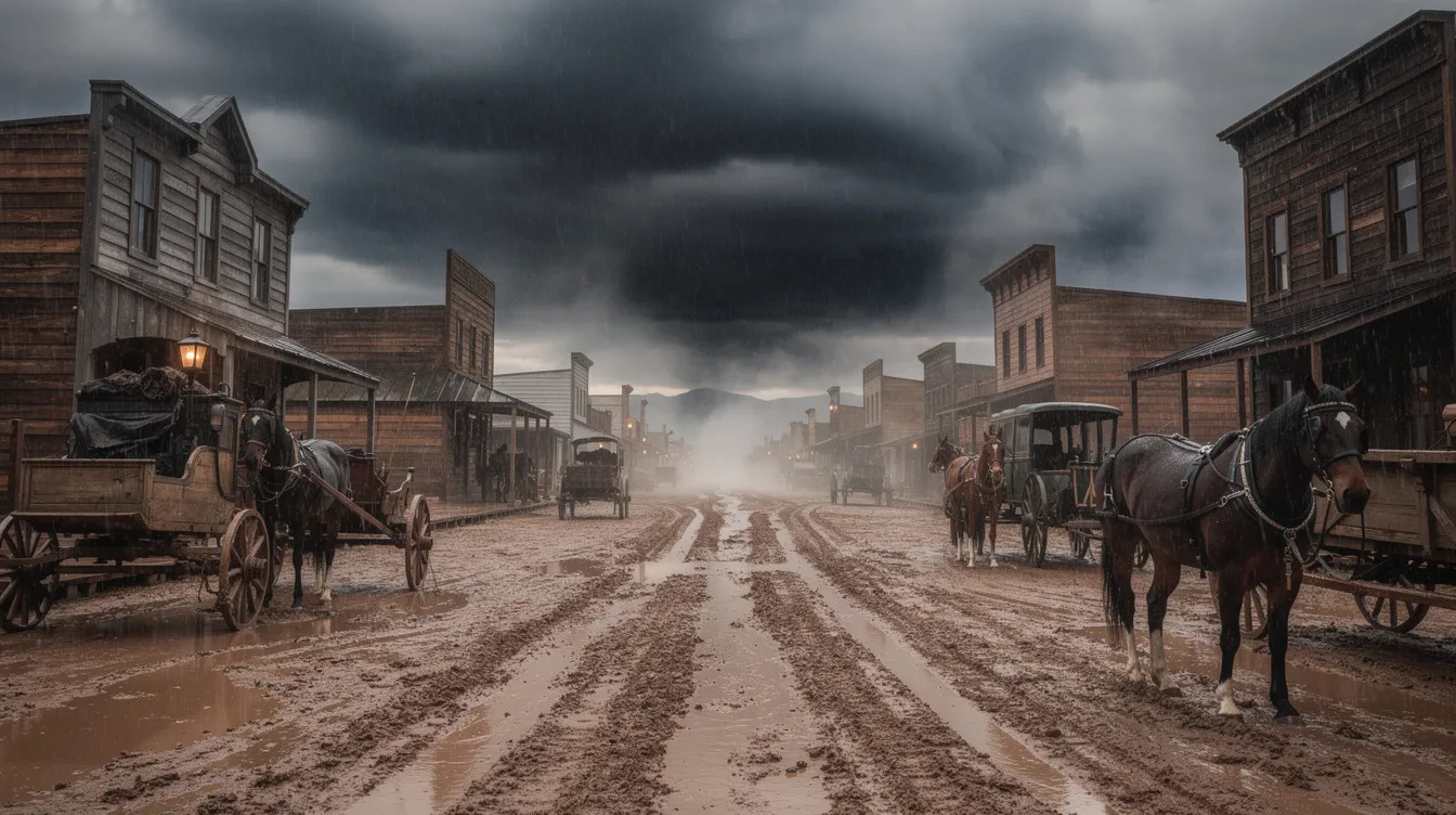 Die Panoramaansicht zeigt eine kleine, regennasse Westernstadt mit historischen Holzgebäuden und schlammigen Straßen unter einem düsteren Himmel. Am Straßenrand stehen Pferdekutschen, die an die Atmosphäre klassischer Italo-Western erinnern, während die Szene an Filme wie "Unforgiven" mit Clint Eastwood und Gene Hackman denken lässt.