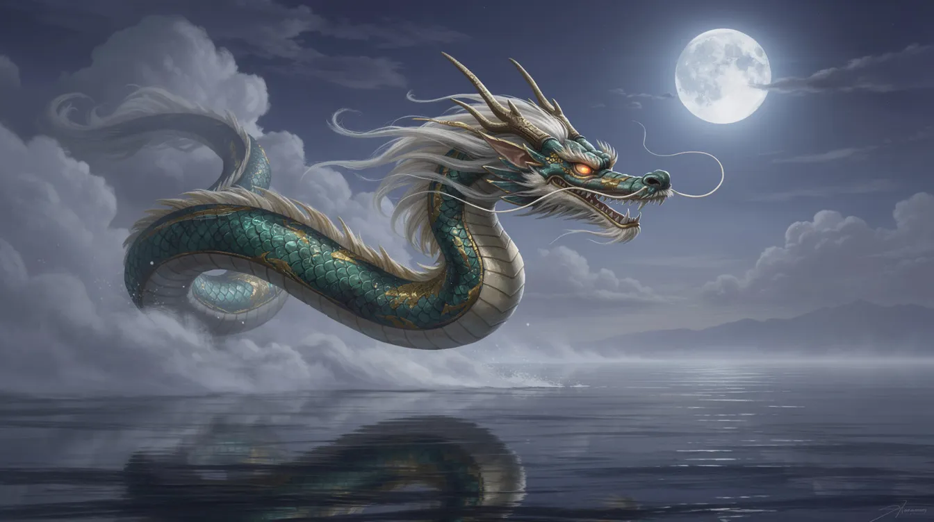 Ein majestätischer japanischer Drache schwebt über einer weiten Wasserfläche, umgeben von sanften Wolken und dem strahlenden Licht des Mondes. Diese Szene erinnert an die traumhafte Welt von "Chihiros Reise ins Zauberland", einem fantastischen Zeichentrickfilm von Hayao Miyazaki.