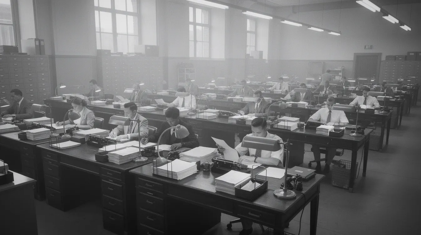Das Bild zeigt ein großes Büro im Stil der 1950er Jahre, in dem lange Reihen identischer Holzschreibtische stehen. Beamte sitzen an ihren Arbeitsplätzen, umgeben von Aktenstapeln, alles in einem gedämpften Schwarzweiß, das an die Bürokratie und den Alltag von Kanji Watanabe erinnert, der in "Ikiru" nach einem Sinn im Leben sucht.