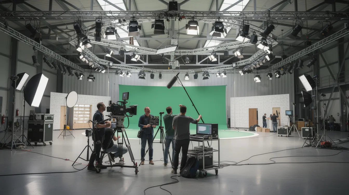 In einer modernen Filmstudiohalle mit hohen Decken und Beleuchtungsrigs an der Decke bereitet ein Team von Filmproduzenten eine Szene vor. Die Atmosphäre ist geschäftig, während die Crew an den Vorbereitungen für die nächste Filmproduktion arbeitet.