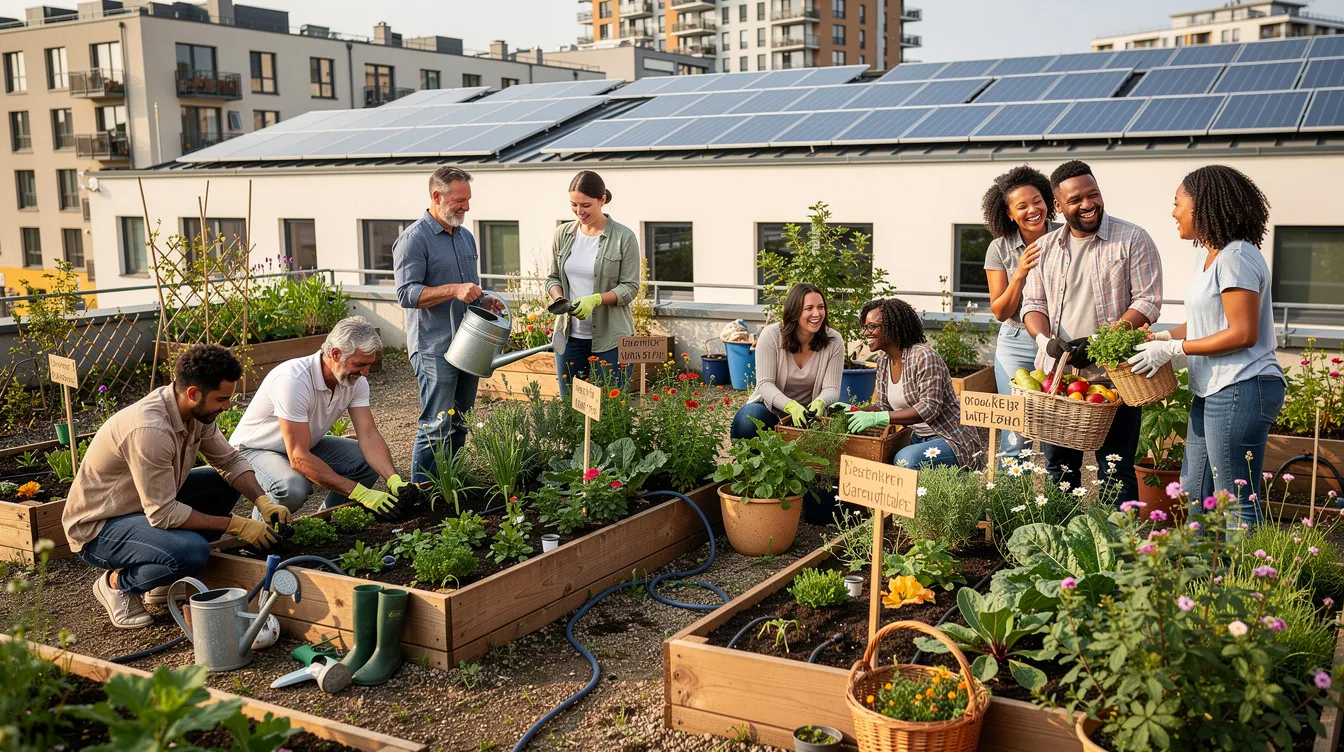 Ein urbaner Gemeinschaftsgarten zeigt Hochbeete, während Menschen gemeinsam gärtnern und auf dem Dach eines angrenzenden Gebäudes Solarpanels installiert sind. Diese Szene verkörpert eine utopische Vision des Zusammenlebens und der nachhaltigen Lebensweise in der heutigen Welt.