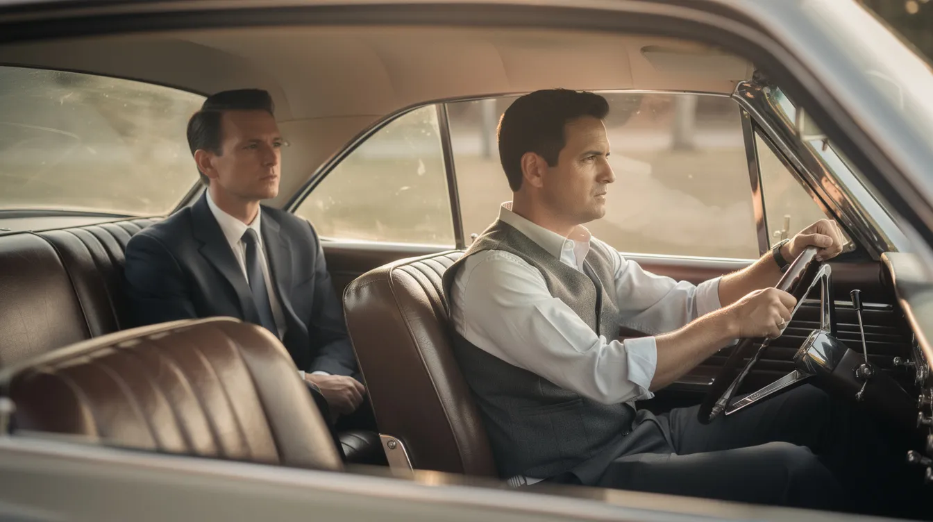 Zwei Männer sitzen nachdenklich in einem Oldtimer aus den 1960er Jahren. Einer in einem eleganten Anzug auf der Rückbank, der andere in Hemd und Weste am Steuer, symbolisieren sie die besondere Freundschaft zwischen Tony Lip und Dr. Don Shirley, die während einer Konzerttournee durch den Süden der USA entstand.