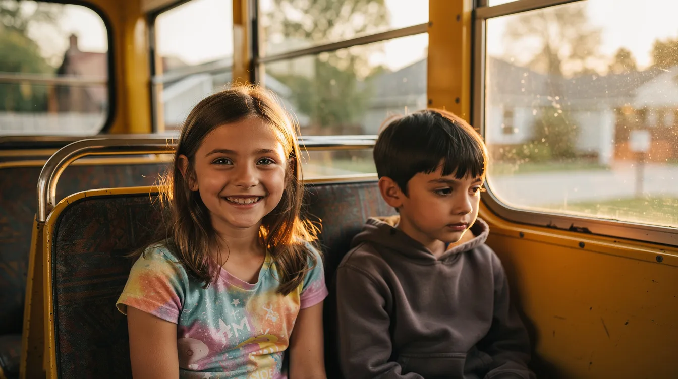 Zwei Kinder sitzen nebeneinander in einem gelben Schulbus, während warmes Nachmittagslicht durch das Fenster strömt. Das Mädchen lächelt fröhlich, während der Junge schüchtern aussieht, was eine süße und unschuldige Momentaufnahme ihrer Kindheit darstellt.