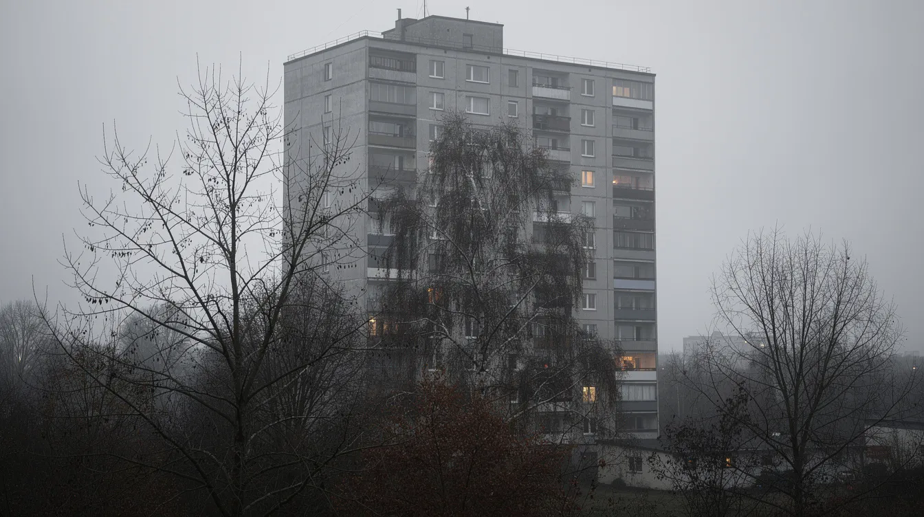 Das Bild zeigt ein graues Plattenbauhochhaus, das unter einem trüben Himmel steht, während kahle Bäume im Vordergrund sichtbar sind. Diese Szenerie erinnert an das Leben in Ost-Berlin und könnte eine Kulisse für eine Filmanalyse über die Stasi und das Leben der Menschen in der DDR sein.