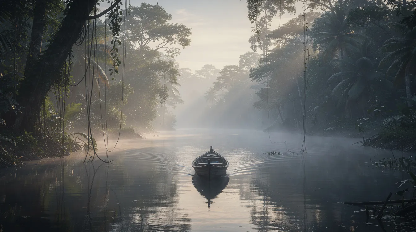 Ein schmales Boot gleitet lautlos durch einen nebligen, tropischen Fluss, der von dichtem Dschungel gesäumt ist, während die Morgendämmerung anbricht. Diese Szene erinnert an die atmosphärische Inszenierung in Francis Ford Coppolas Klassiker "Apocalypse Now", in dem die Natur und der Krieg auf eindrucksvolle Weise miteinander verwoben sind.