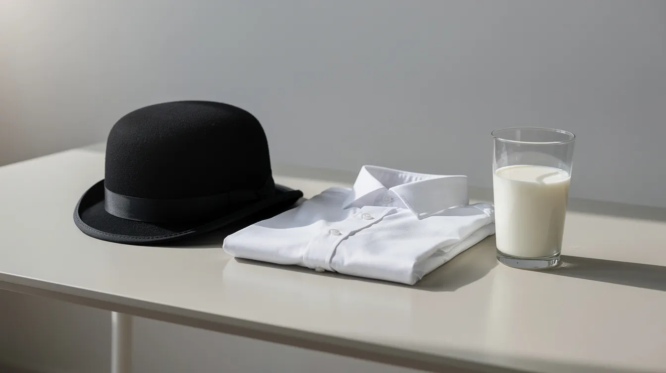 Ein minimalistisches Stillleben zeigt einen eleganten Bowler-Hut und ein weißes Hemd auf einem Tisch, neben einem Glas Milch. Diese Anordnung könnte an die Ästhetik des Films "Uhrwerk Orange" erinnern, der von Stanley Kubrick inszeniert wurde.