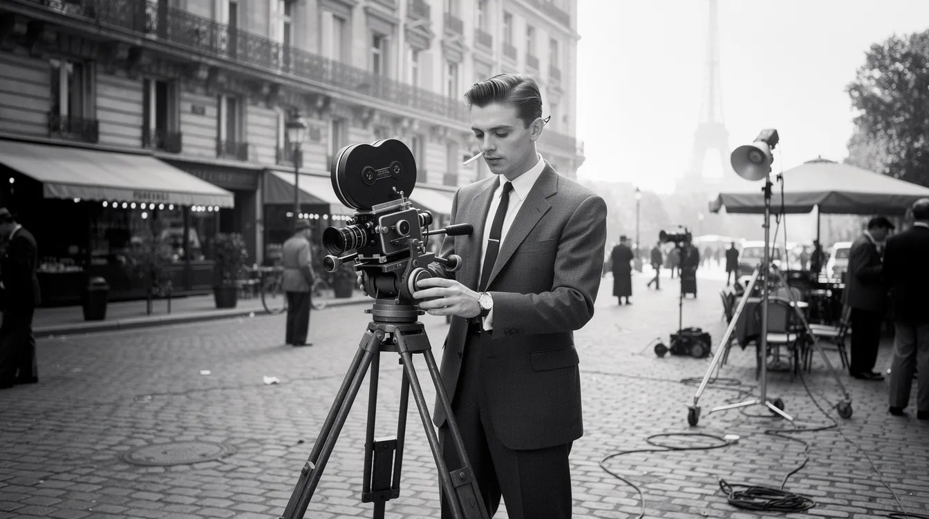 Das Bild zeigt einen jungen Mann, der mit einer Filmkamera auf einem Freiluft-Set in Paris der 1950er-Jahre steht. Die Schwarz-Weiß-Aufnahme erinnert an die Nouvelle Vague und an Filme wie "Les Quatre Cents Coups", in denen Antoine Doinel, gespielt von Jean-Pierre Léaud, die Hauptfigur ist.