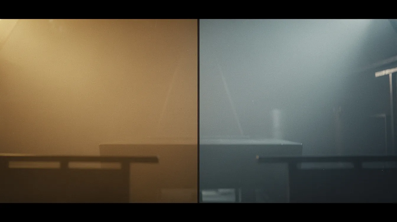 Die kontrastreiche Filmszene zeigt auf der linken Seite warmes, goldenes Licht, das eine Atmosphäre von Glück und Hoffnung vermittelt, während die rechte Seite in kühlem, blaugrauem Licht gehalten ist und eine düstere Realität widerspiegelt. Diese visuelle Trennung könnte die Themen von "La vita è bella" symbolisieren, in dem das Leben sowohl schöne als auch herausfordernde Momente bereithält.