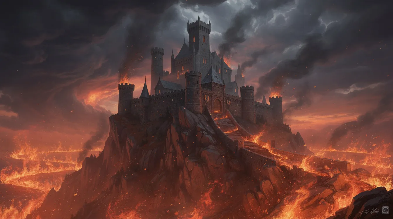 Die mittelalterliche Burg thront majestätisch auf einem Bergkamm, umgeben von lodernden Flammen und düsteren Wolken, die eine dramatische Atmosphäre schaffen. Diese eindrucksvolle Szenerie erinnert an die spannungsgeladenen Momente in Quentin Tarantinos Filmen, wie "Django Unchained", in denen Heldentum und Gefahr eng miteinander verwoben sind.