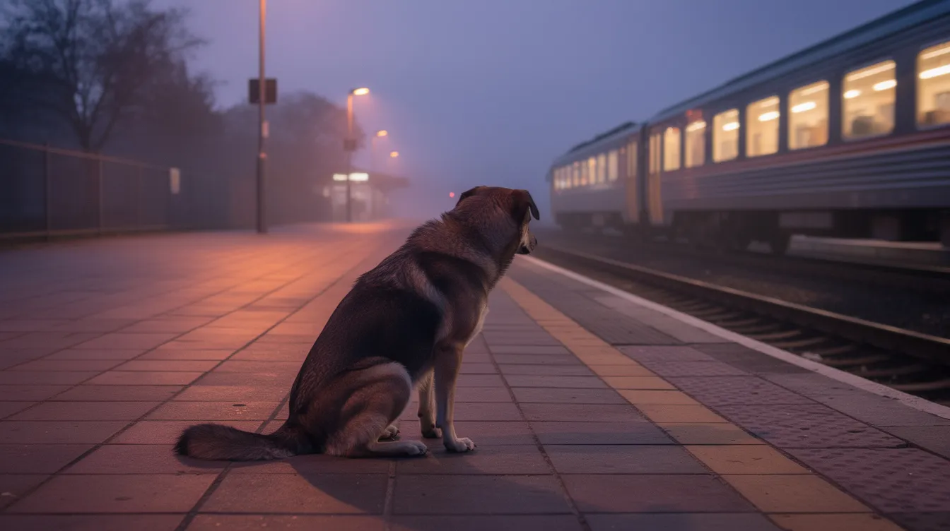 Ein einsamer Hund sitzt auf einem leeren Bahnsteig in der Abenddämmerung, während im Hintergrund ein Zug abfährt und sanftes orangefarbenes Licht den Bahnhof erhellt. Diese Szene erinnert an die bewegende Geschichte von Hachiko, einem treuen Akita, der auf seinen Besitzer wartete und die wunderbare Freundschaft zwischen Mensch und Tier verkörpert.
