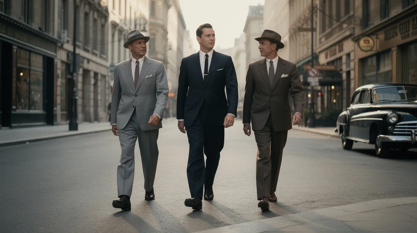 Drei Männer in eleganten Anzügen im Stil der 1950er Jahre gehen nebeneinander über eine breite Straße, während im Hintergrund alte Gebäudefassaden und ein parkender schwarzer Wagen zu sehen sind. Diese Szene erinnert an den Film "L.A. Confidential", der die Korruption und Intrigen im Los Angeles der damaligen Zeit thematisiert.
