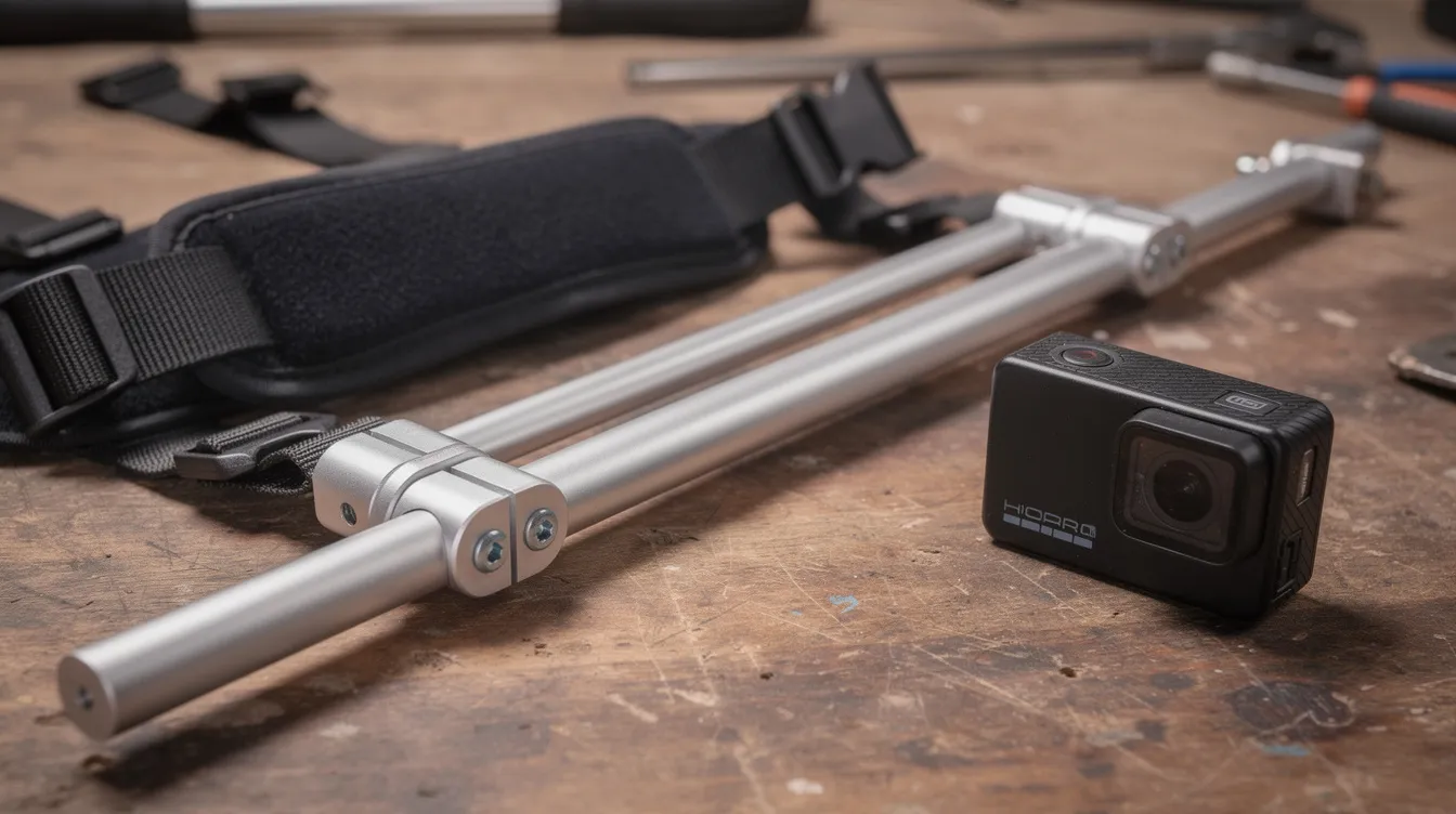 Auf einem Werkstatttisch liegt ein selbstgebauter Kamera-Ausleger aus Aluminiumrohren mit einem gepolsterten Brustgurt, neben dem eine kleine Actionkamera platziert ist. Dieses Gerät könnte für die Verwendung als Snorricam in Musikvideos oder Filmen dienen, um die Perspektive des Schauspielers einzufangen.