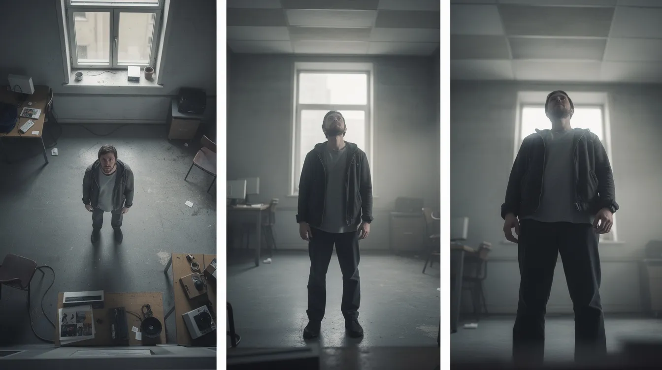 Das Bild zeigt eine Filmszene in drei verschiedenen Kameraperspektiven: von oben herab auf eine Person, auf Augenhöhe und von unten hinauf. Diese Anordnung verdeutlicht die unterschiedlichen Perspektiven, die in der Filmsprache verwendet werden, um die Handlung und die Figuren zu interpretieren.