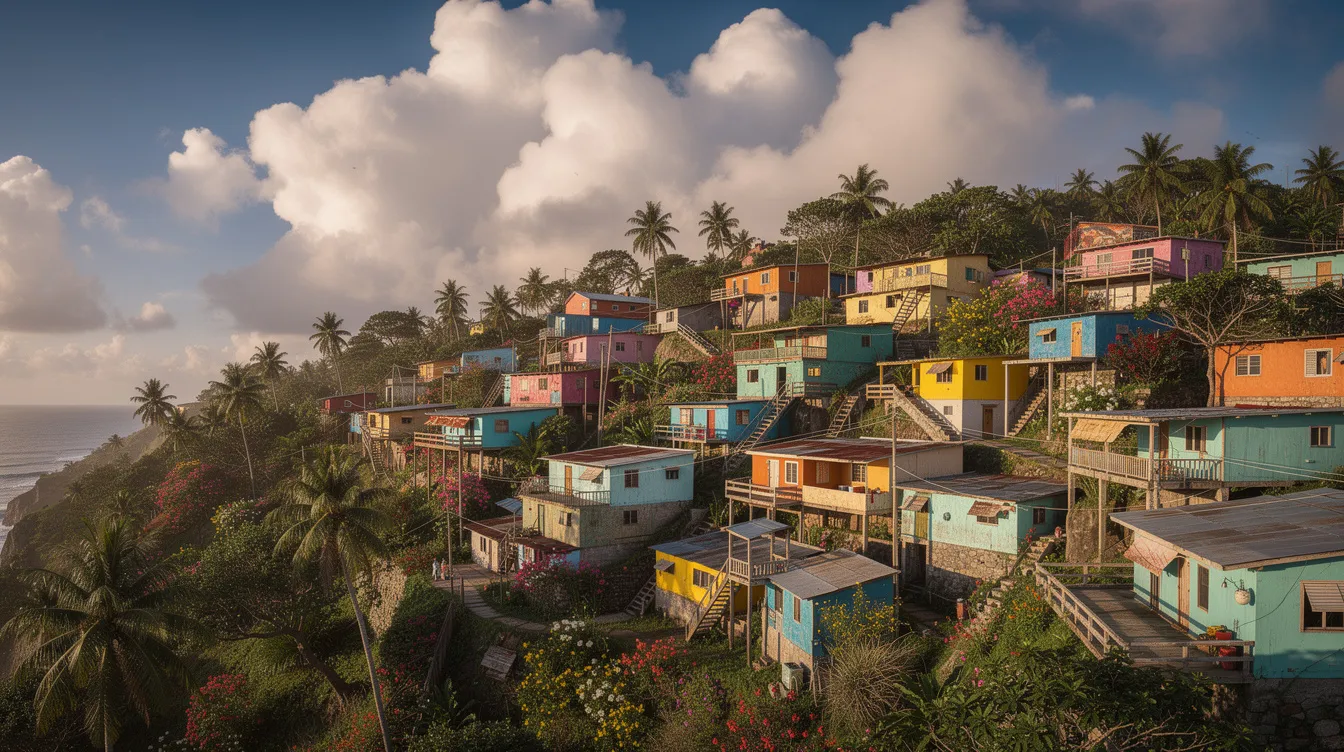 Ein Panoramablick zeigt eine dicht bebaute Siedlung auf einem Hügel, in der kleine bunte Häuser unter einem tropischen Himmel stehen. Diese Szene erinnert an die Favelas von Rio de Janeiro, wie sie in dem Film "City of God" (Cidade de Deus) dargestellt werden.