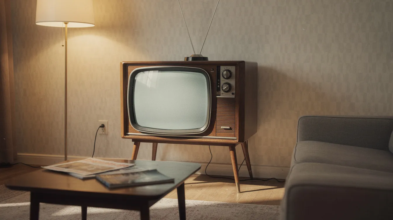 Das Bild zeigt ein Retro-Fernsehgerät aus den 1960er-Jahren mit einem eleganten Holzgehäuse, das in einem Wohnzimmer mit gemusterter Tapete steht. Die nostalgische Atmosphäre wird durch die typischen Möbel und die Farbgestaltung des Raumes verstärkt, was an vergangene Zeiten erinnert.