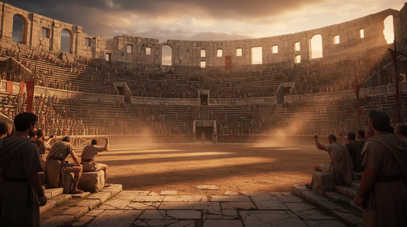 Das Bild zeigt ein antikes Amphitheater, das dem Kolosseum ähnelt, beleuchtet von dramatischem Sonnenlicht. In der staubigen Arena bereiten sich Gladiatoren auf den Kampf vor, während die aufragenden Ränge voller Zuschauer gespannt auf das Geschehen blicken.