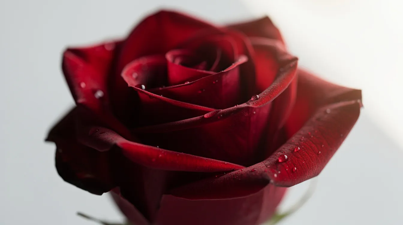 Eine einzelne, tiefrote Rose wird in Nahaufnahme dargestellt, mit einem unscharfen weißen Hintergrund, der die Schönheit und Intensität der Blüte hervorhebt. Diese Komposition könnte symbolisch für die Themen von Liebe und Verlust in Filmen wie "American Beauty" stehen, die oft in der Filmanalyse behandelt werden.