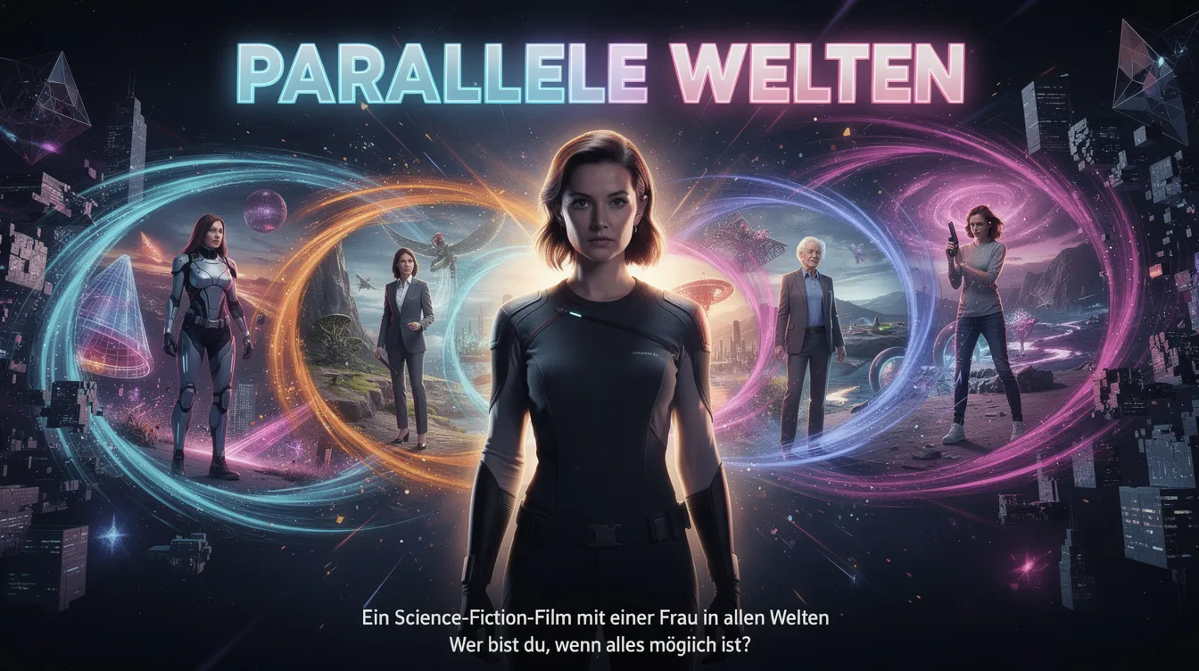 Das Kinoplakat zeigt eine Frau im Zentrum, umgeben von bunten Spiralen, die verschiedene Versionen ihrer selbst aus Parallelwelten darstellen. Diese Darstellung spiegelt die Themen des Multiversums und der Identität wider, wie sie in dem Film "Everything Everywhere All at Once" behandelt werden.
