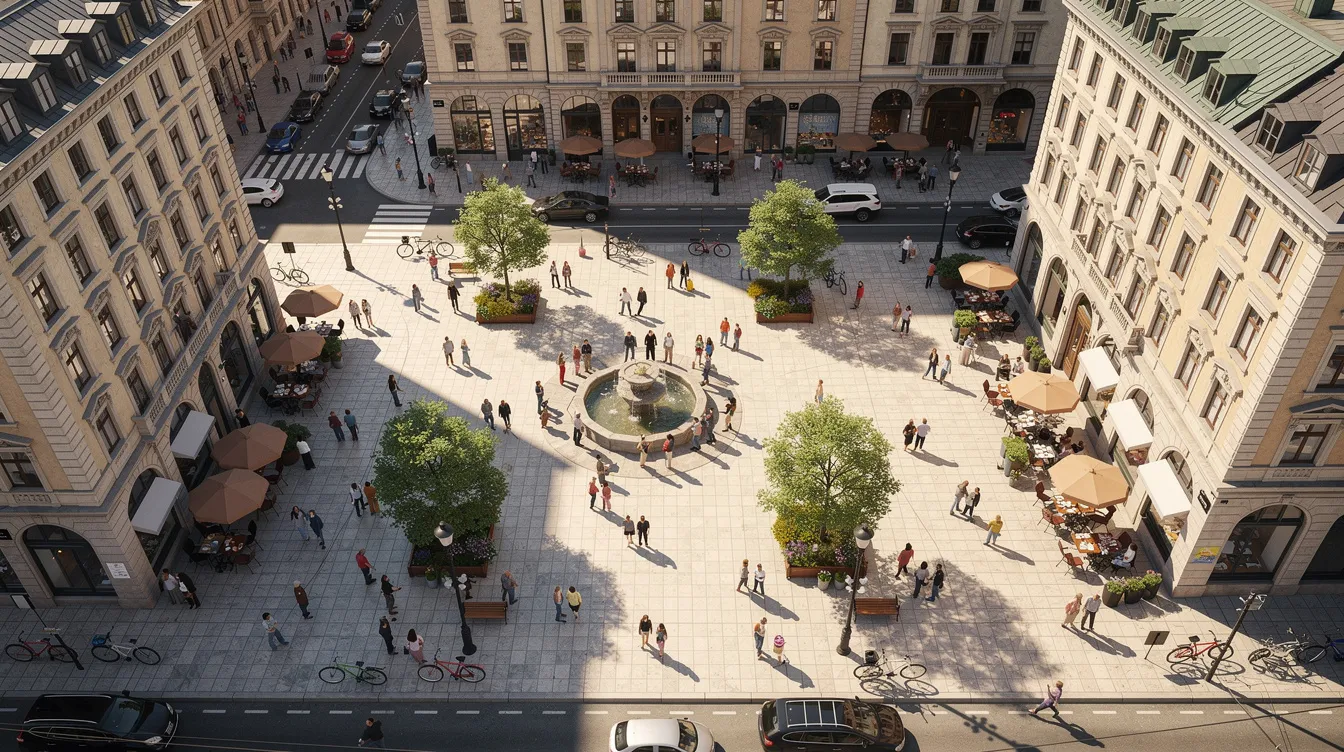 Die Kamera zeigt eine Aufsichtsperspektive auf einen belebten Stadtplatz, auf dem zahlreiche Menschen und verschiedene Gebäude zu sehen sind. Der Blickwinkel vermittelt einen Überblick über das Geschehen und die Elemente, die den Platz lebendig machen.