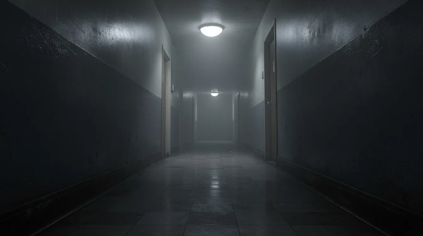 Der lange, dunkle Flur wird von einer einzigen Lichtquelle am Ende erhellt, während dramatische Schatten an den Wänden tanzen. Diese Szene könnte aus einem spannenden Thriller stammen, der an die Atmosphäre von Filmen wie "Léon" erinnert, in denen Auftragskiller und Geheimnisse im Mittelpunkt stehen.