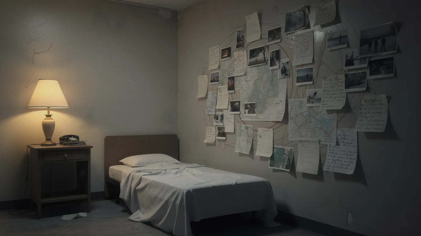 Das Bild zeigt ein karges Motelzimmer, in dem eine Wand mit zahlreichen angepinnten Zetteln, Fotos und handschriftlichen Notizen bedeckt ist. Die Szene wird von einer einzelnen Nachttischlampe beleuchtet, die eine geheimnisvolle Atmosphäre schafft, die an die Erzählstruktur eines Thrillers erinnert.