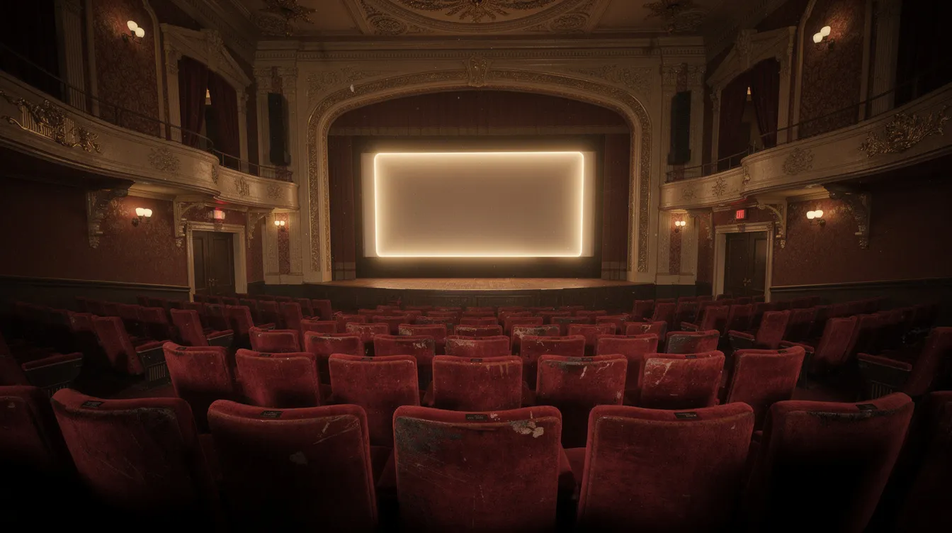 Ein historischer Kinosaal mit Reihen von roten Samtsesseln, die in gedämpftem Licht erstrahlen, während ein leuchtender Leinwandrahmen auf die bevorstehende Filmvorführung hinweist. Die Atmosphäre vermittelt ein Gefühl von Nostalgie und Vorfreude auf die Filmhandlung, die Teil des kulturellen Erbes des Kinos ist.