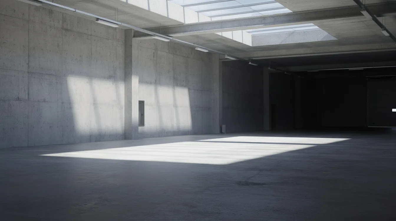 Die Weitwinkelaufnahme zeigt einen leeren Industrieraum mit rauen Betonwänden, in dem das harte Licht von Oberlichtern lange Schatten auf den Boden wirft. Die Atmosphäre erinnert an die düstere Stimmung der Gangsterballade "Reservoir Dogs" von Quentin Tarantino.