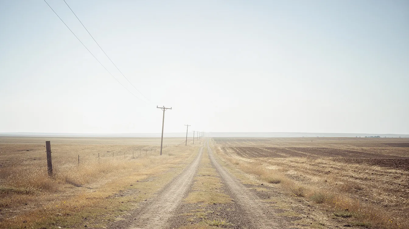 Ein weites, trockenes Feld erstreckt sich unter einem hellen, fast überbelichteten Himmel, während eine staubige Straße zum Horizont führt und vereinzelte Strommasten im Hintergrund sichtbar sind. Diese karge Landschaft könnte als Kulisse für einen Thriller wie "Se7en" dienen, in dem die Themen von Isolation und gesellschaftlichen Problemen thematisiert werden.
