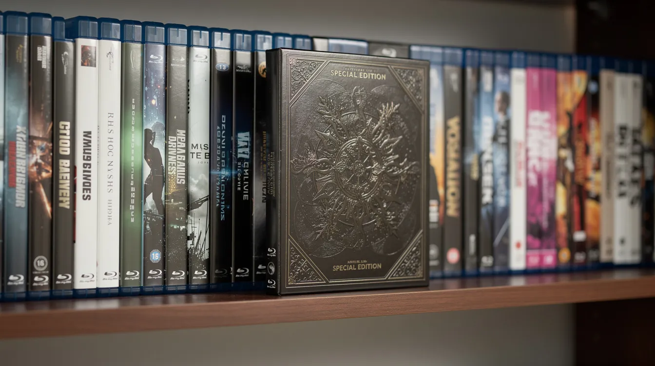 Das Bild zeigt ein Regal mit verschiedenen Blu-ray-Editionen eines Films, darunter eine aufwendig gestaltete Sonderedition mit Schuber. Die Sammlung umfasst Filme mit Hauptdarstellern wie Robert De Niro und Al Pacino, die in einem spannenden Action-Thriller über Verbrecher und Gesetzeshüter spielen.