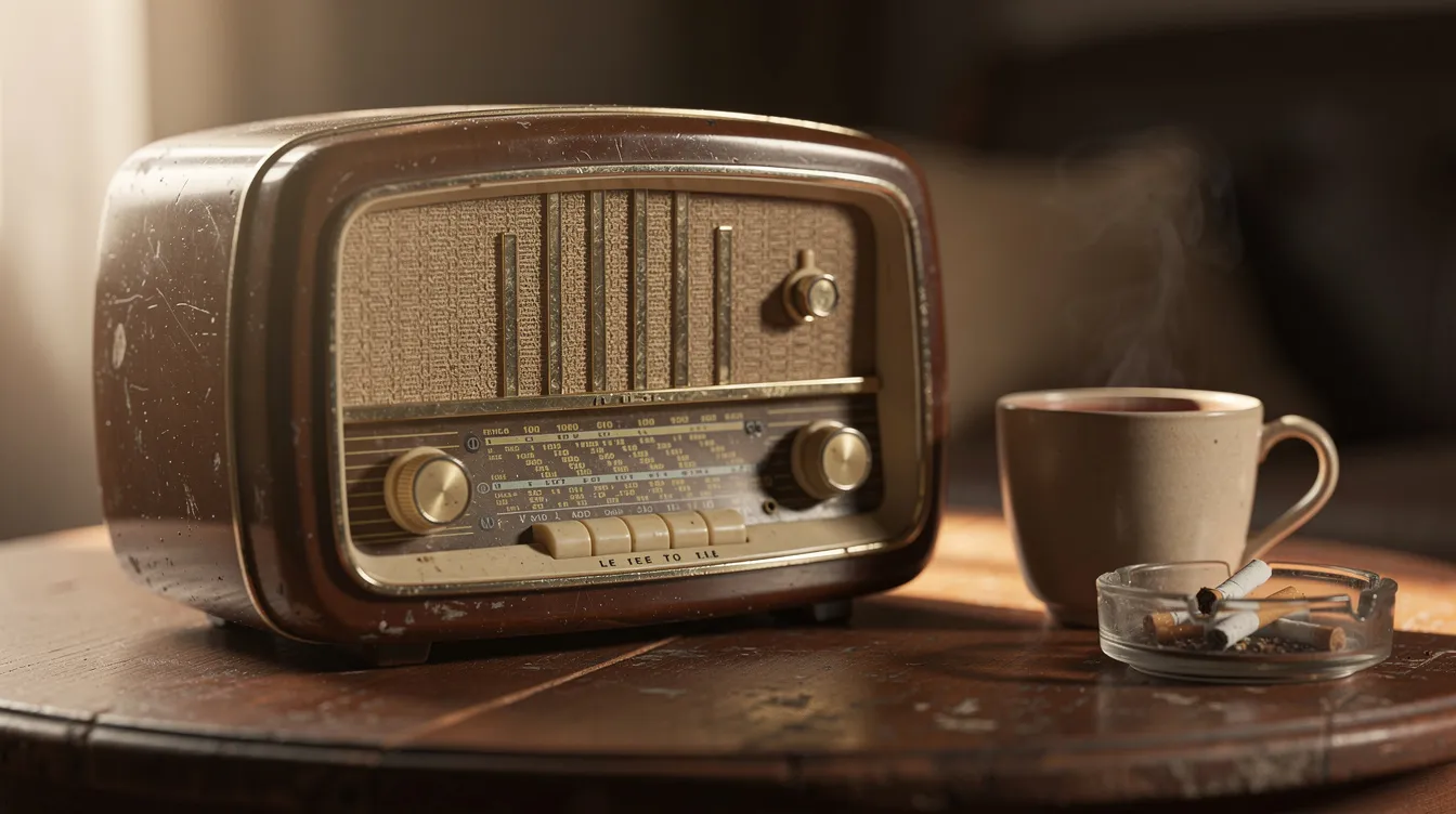Ein altes Radiogerät aus den 1960er Jahren steht auf einem Holztisch, umgeben von einer Tasse Tee und einem Aschenbecher, während warmes Seitenlicht eine nostalgische Atmosphäre schafft, die an die Geschichten von Liebe und Sehnsucht erinnert, wie sie in Wong Kar Wais Filmen zu finden sind.