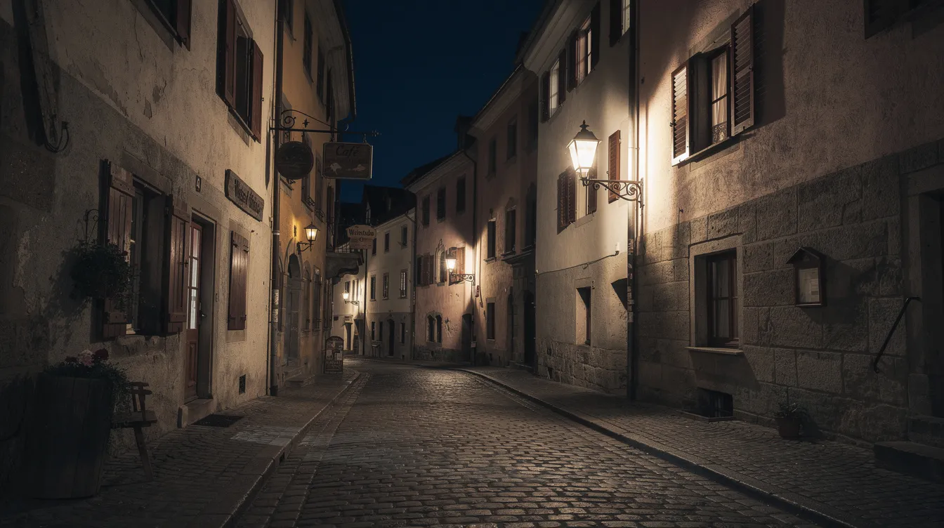 Eine enge, nächtliche Gasse in einer europäischen Altstadt zeigt Kopfsteinpflaster, beleuchtet von nostalgischen Laternen, die lange Schatten an die Hauswände werfen. Diese Szenerie erinnert an die düstere Atmosphäre des Klassikers "Der dritte Mann", in dem der Protagonist Holly Martins, gespielt von Joseph Cotten, in den geheimnisvollen Straßen Wiens nach der Wahrheit sucht.