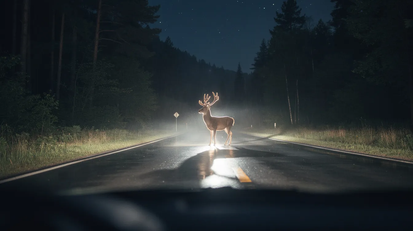 Ein Hirsch steht nachts auf einer leeren Landstraße, beleuchtet von den Scheinwerfern eines Autos, während im Hintergrund der Wald sichtbar ist. Die Szene vermittelt eine unheimliche Atmosphäre, die an einen Horrorfilm erinnert.