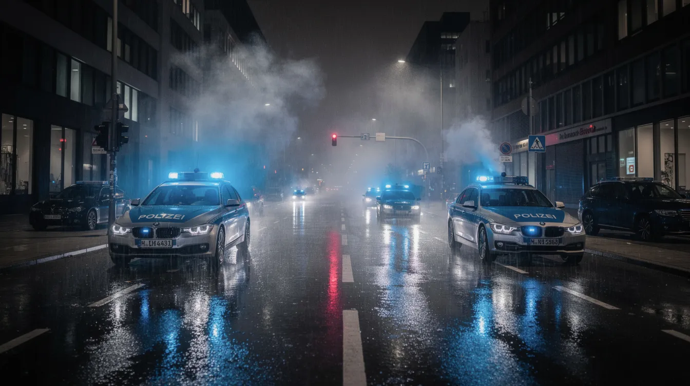 Auf einer breiten städtischen Straße stehen mehrere Polizeifahrzeuge mit eingeschaltetem Blaulicht, während Rauch in die Luft steigt und die Bürgersteige leer sind. Die Szene erinnert an einen spannenden Action-Thriller, in dem die Polizei gegen eine Gangsterbande ermittelt.