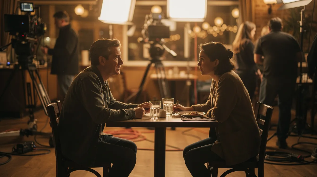 Zwei Schauspieler sitzen an einem Restauranttisch am Filmset, umgeben von warmem Licht und unscharfem Hintergrund, in dem Filmequipment sichtbar ist. Die Szene zeigt die Akteure in einem Gespräch, während sie in die Kamera schauen, was die Bedeutung der 180-Grad-Regel in der Filmgestaltung verdeutlicht.