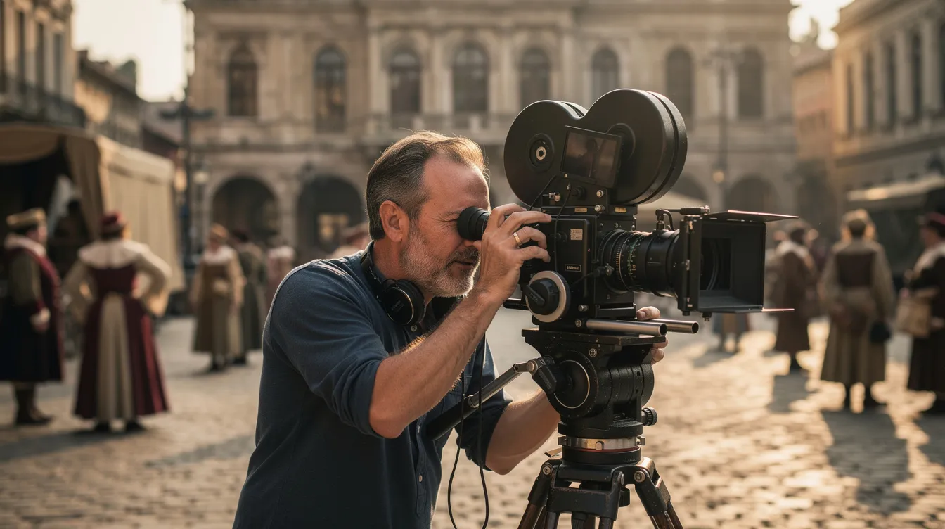 Ein Filmregisseur steht an einem Set mit historischer Kulisse und blickt konzentriert durch den Sucher einer großen Filmkamera. Die Szene vermittelt das Gefühl von Kreativität und Hingabe, während er die Handlung eines Films über das Leben des Mathematikers John Nash und seine Herausforderungen mit Schizophrenie einfängt.