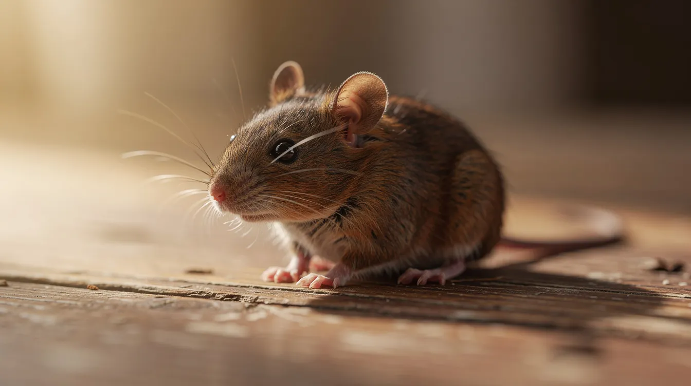 Eine kleine braune Maus sitzt friedlich auf einer hölzernen Oberfläche, umgeben von warmen Farbtönen und weichem Seitenlicht. Diese ruhige Szene vermittelt eine harmonische Stimmung, die an die tiefgründigen Themen aus "The Green Mile" erinnert.