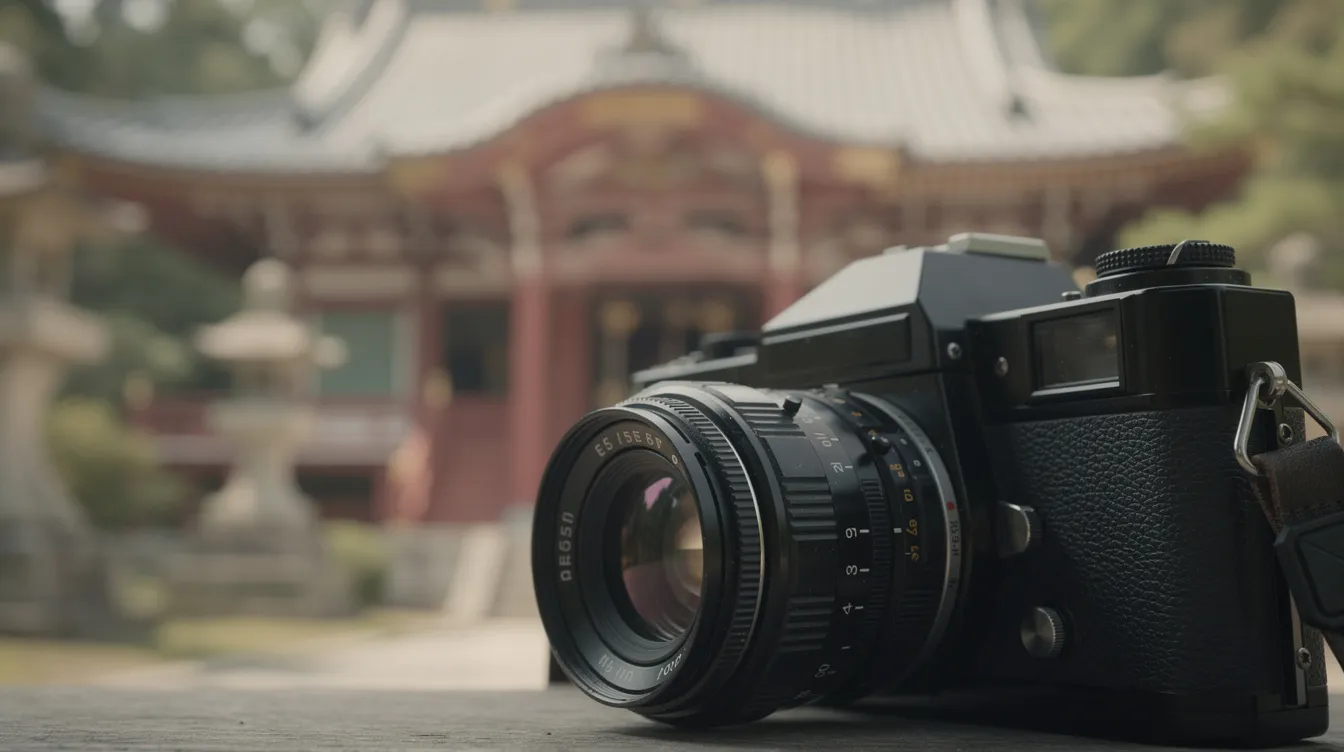 Die Nahaufnahme zeigt eine Filmkamera im Vordergrund, während im Hintergrund die verschwommene Architektur eines japanischen Tempels zu sehen ist. Diese Komposition vereint die Kunst des Films mit der kulturellen Bedeutung Japans, was eine interessante Perspektive für die Filmanalyse bietet.