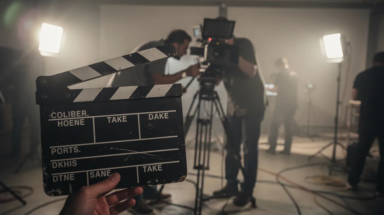 Die Filmklappe steht im Vordergrund, während ein Regisseur durch die Kamera schaut. Im unscharfen Hintergrund sind die Lichter des Filmsets und die Silhouetten von Crewmitgliedern sichtbar, die an der Erzählung der Geschichte arbeiten.