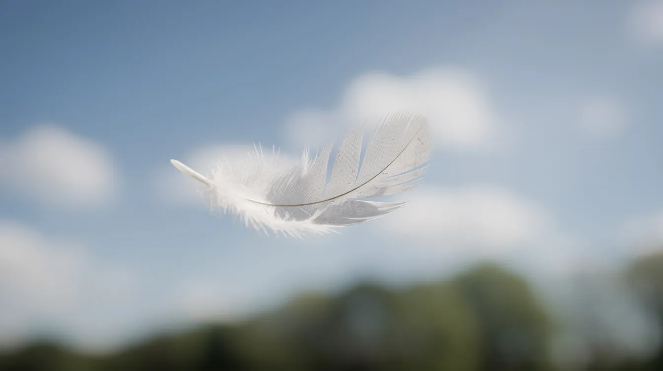 Eine einzelne weiße Feder schwebt sanft vor einem strahlend blauen Himmel, der mit flauschigen Wolken geschmückt ist, während im Hintergrund die Baumkronen verschwommen zu sehen sind. Dieses Bild könnte an die Leichtigkeit des Lebens erinnern, ähnlich wie die Themen in "Forrest Gump", wo jede Entscheidung wie eine schwebende Feder ist.