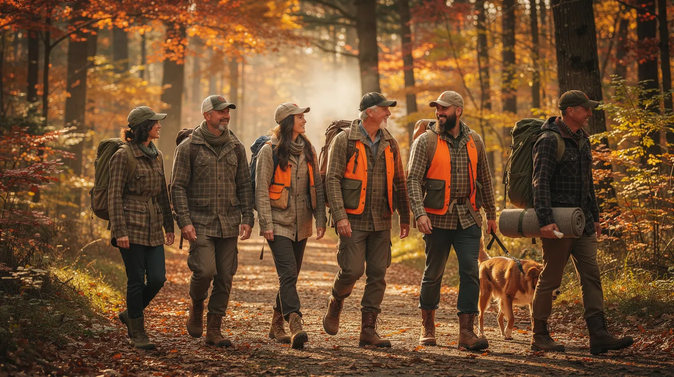 Eine Gruppe von Freunden in karierter Jagdkleidung läuft fröhlich durch einen herbstlich gefärbten Wald, umgeben von bunten Blättern und der frischen Luft der Natur. Diese Szene vermittelt ein Gefühl von Gemeinschaft und Abenteuer, ähnlich dem Film "Die Hirschjäger".