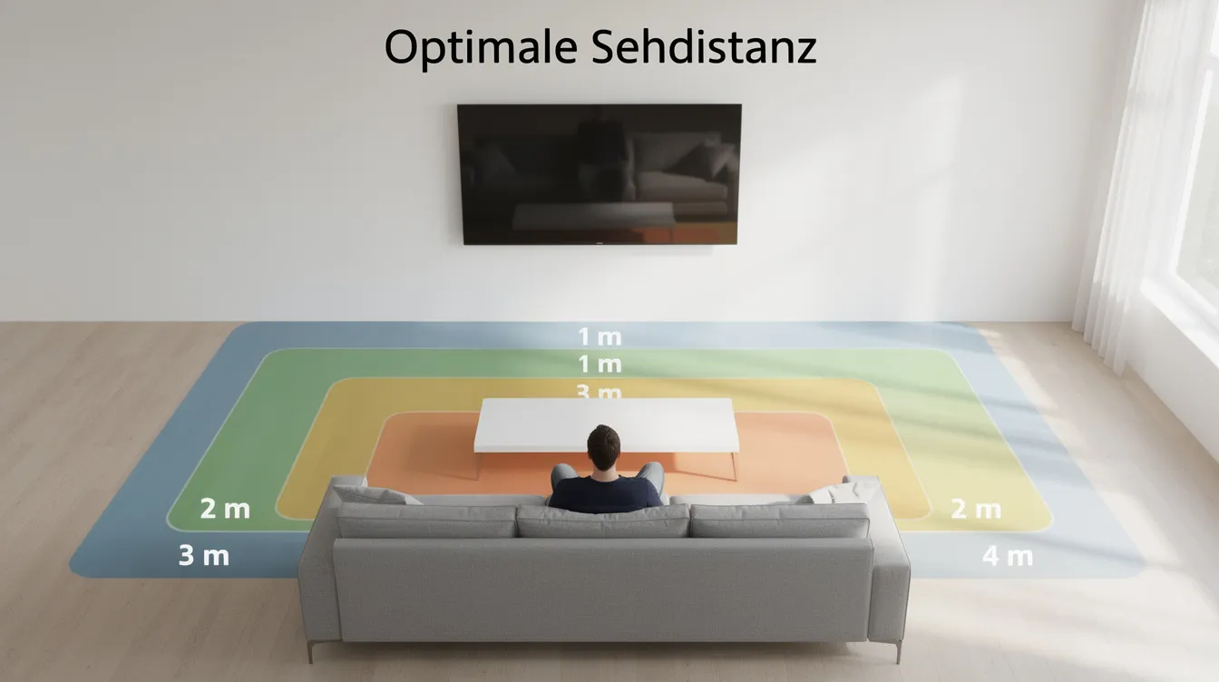 Eine Person sitzt entspannt auf einem Sofa, während zwischen dem Sofa und einem großen Fernseher an der gegenüberliegenden Wand verschiedene markierte Abstandszonen sichtbar sind. Die Bildqualität zeigt deutlich die Abmessungen und das Seitenverhältnis der Szene, was eine klare Vorstellung von der Anordnung im Raum vermittelt.
