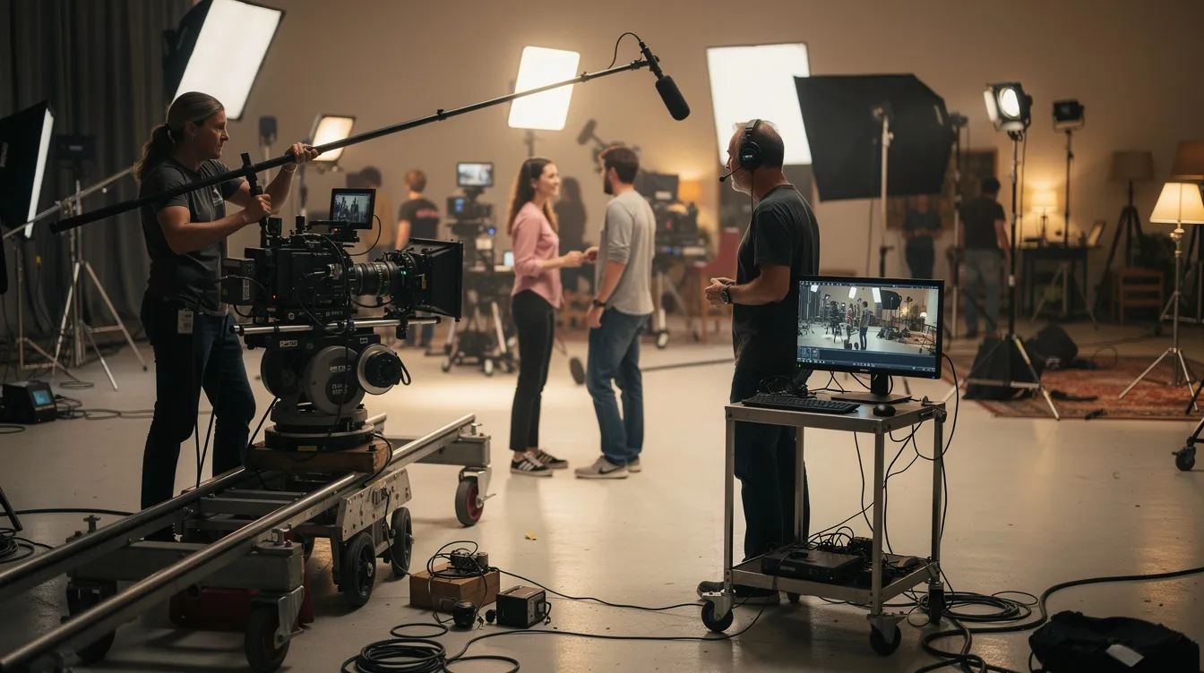 Auf dem Filmset ist ein Regisseur zu sehen, der konzentriert auf einen Monitor blickt, während eine Kamera auf einer Schiene positioniert ist. Im Vordergrund hält ein Tonassistent eine Tonangel über den Darstellern, was die Dynamik und die technischen Aspekte der Filmproduktion verdeutlicht.